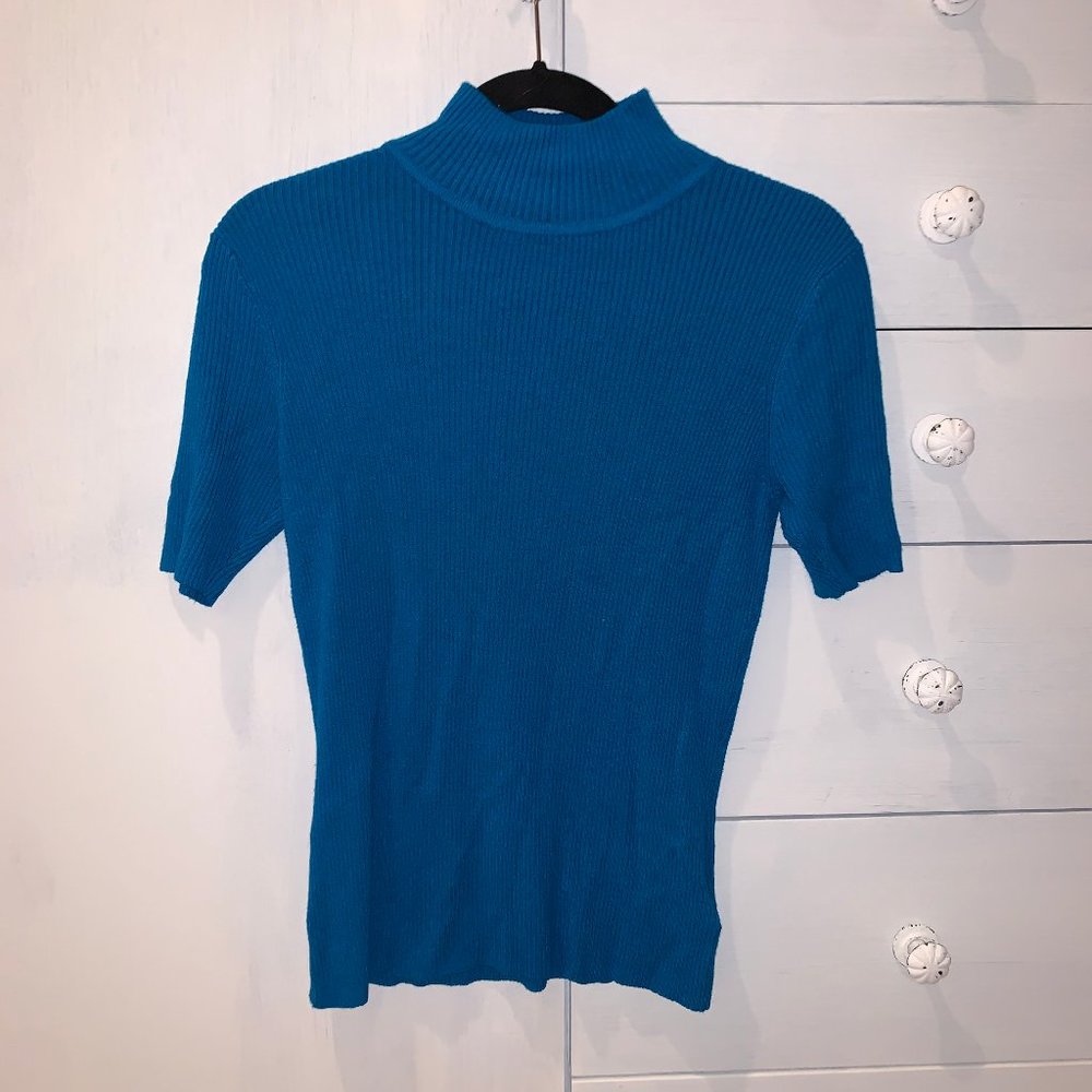 Blue Ribbed High Neck Short Sleeve Sweater Shirt